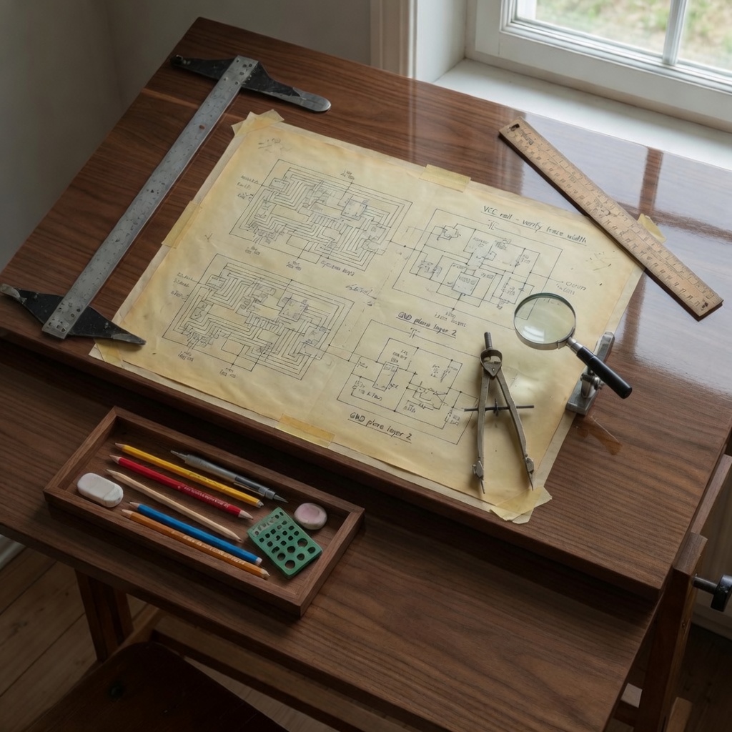 LTI engineering — drafting table with classic tools and a detector preamp schematic