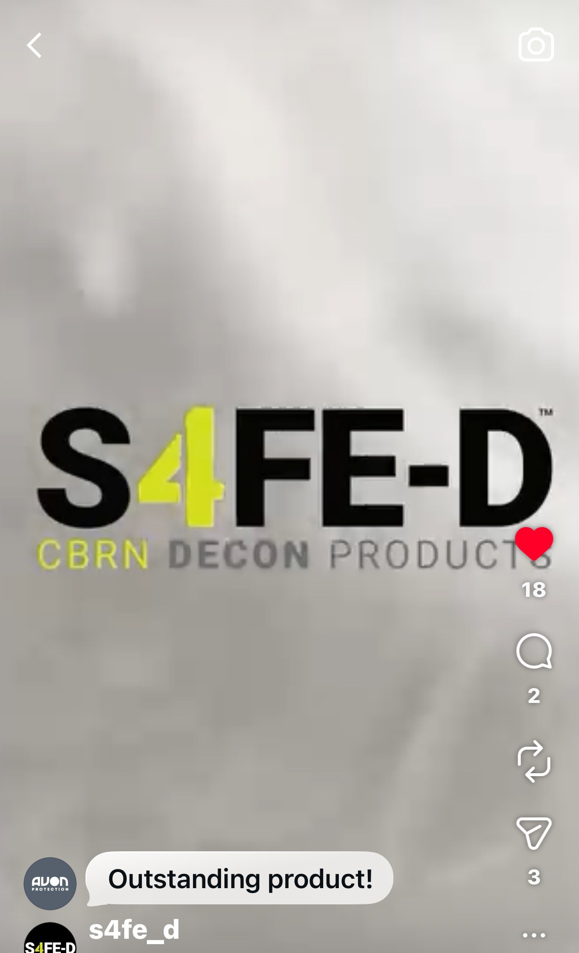 Avon Protection's official Instagram comment 'Outstanding product!' on an S4FE-D CBRN Decon Products post — the S4FE-D brand mark above the comment, AVON Protection profile icon next to the speech bubble