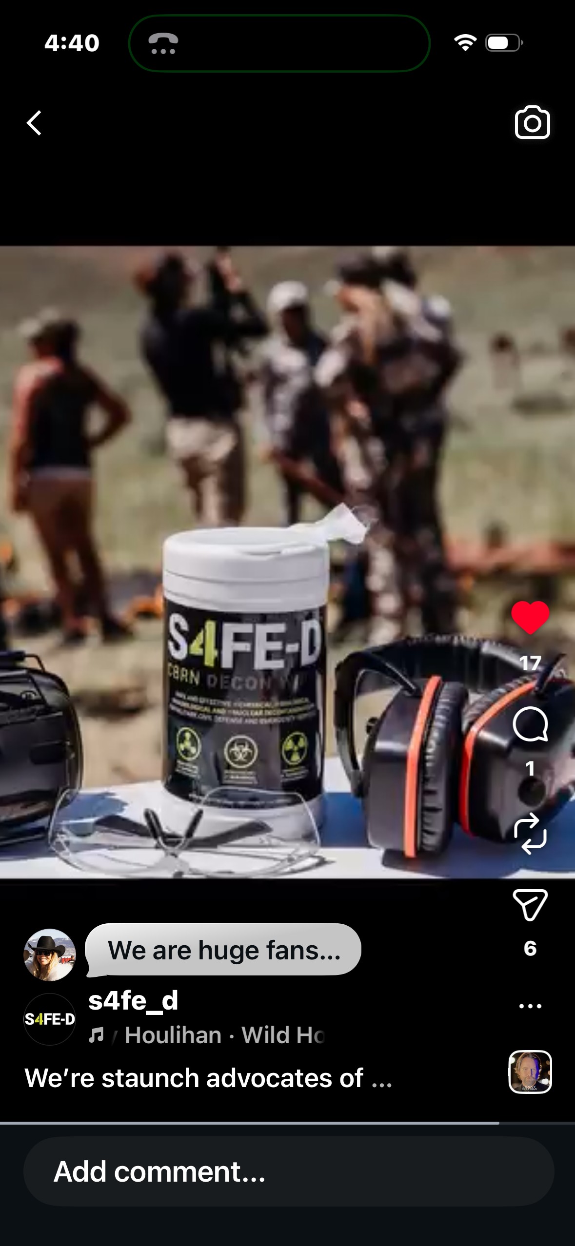 Outdoor pistol training range with an S4FE-D CBRN Decon Wipes canister and tactical ear protection on the bench, shooters in the soft-focused background — Instagram post by @s4fe_d, music 'Houlihan · Wild Hog'