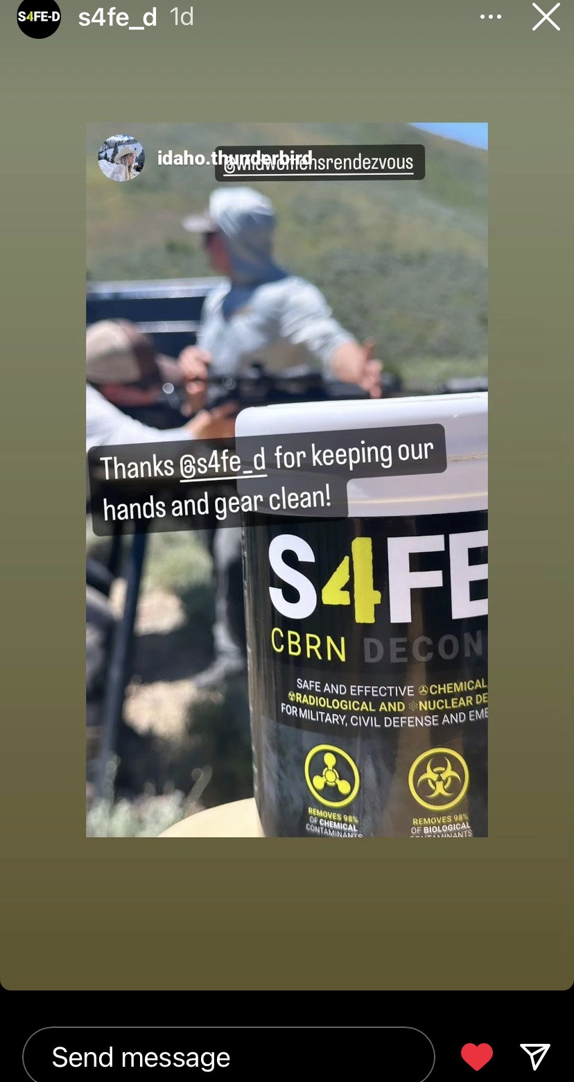 An S4FE-D Wipes canister at the Wild Women's Rendezvous outdoor shooting range in Idaho, with a quote sticker reading 'Thanks @s4fe_d for keeping our hands and gear clean!'