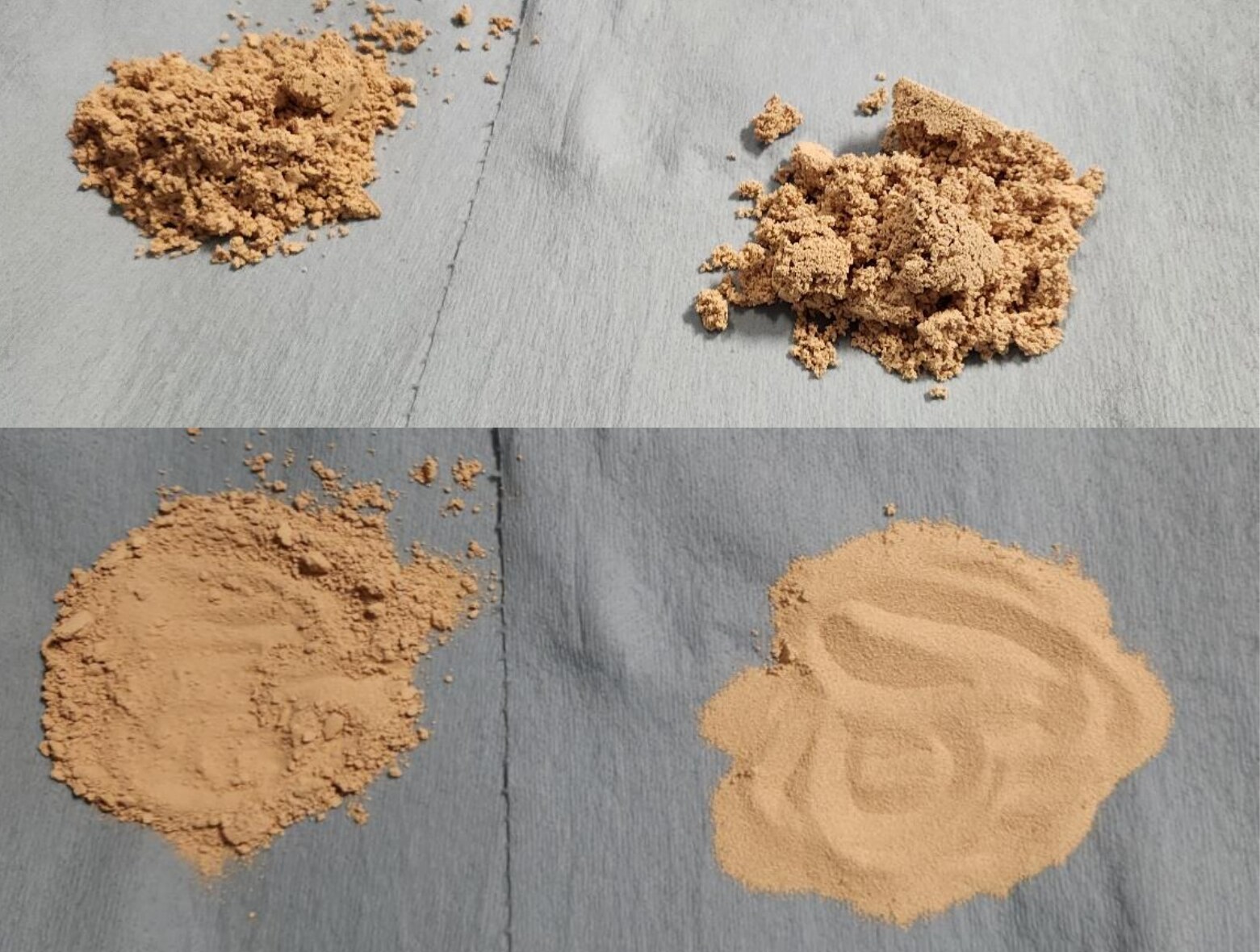 From Figure 5 of the Qal-Tek S4FE-D® test report — Tc-99m adsorbed onto metal-organic-framework beads at fallout-particle scale, photographed before drying (top row, damp clumps) and after drying (bottom row, granular material that appeared and behaved like sand or dirt). These preparations were dispersed on aluminum and decontaminated with S4FE-D®.