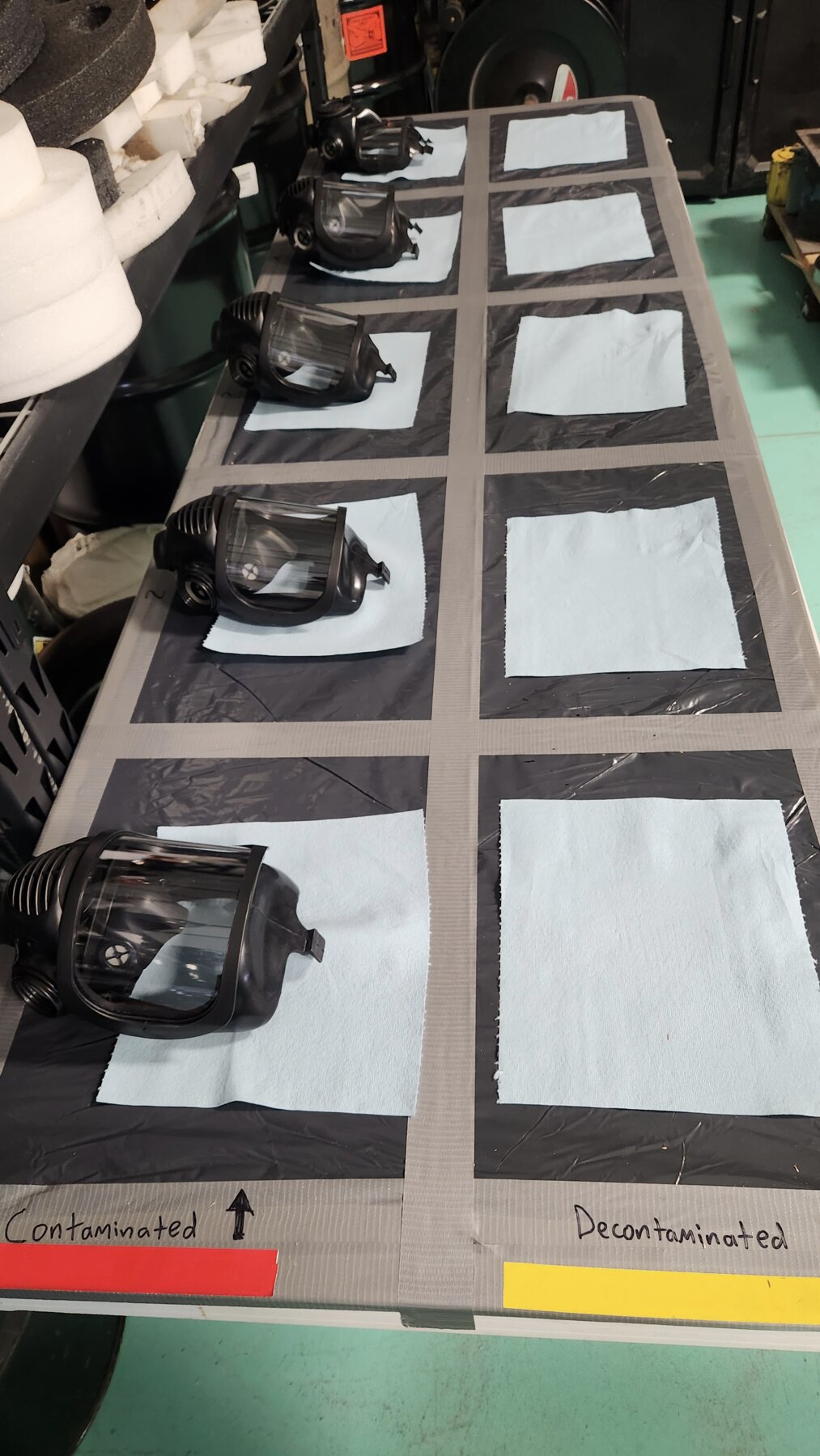 Qal-Tek Associates third-party efficacy testing bench — five black tactical gas masks lined up alongside their paired wipe samples, with the test layout labeled 'Contaminated' (red) on the left and 'Decontaminated' (yellow) on the right showing the surrogate-removal workflow that S4FE-D® was submitted to and passed.