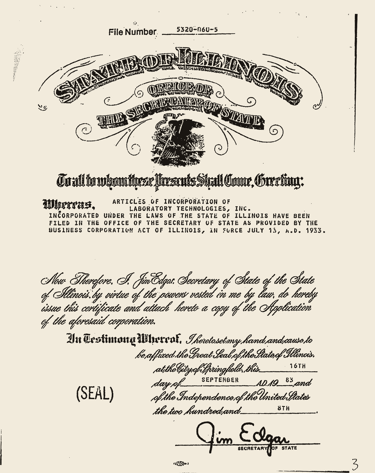 State of Illinois Certificate of Incorporation for Laboratory Technologies, Inc., filed September 16, 1983 and signed by Secretary of State Jim Edgar