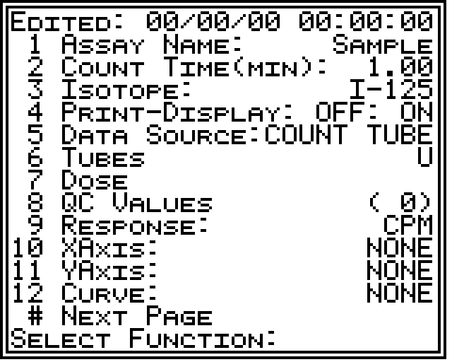 Genii assay-edit screen — twelve stored fields: name, isotope, count time, tubes, response, axes, curve fit, print options