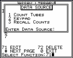 Genii DATA SOURCE menu — Count Tubes / Keypad / Recall Counts options