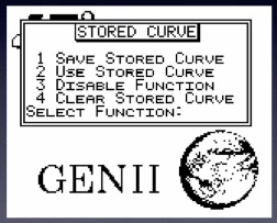 Genii STORED CURVE menu — Save / Use / Disable / Clear stored curve options