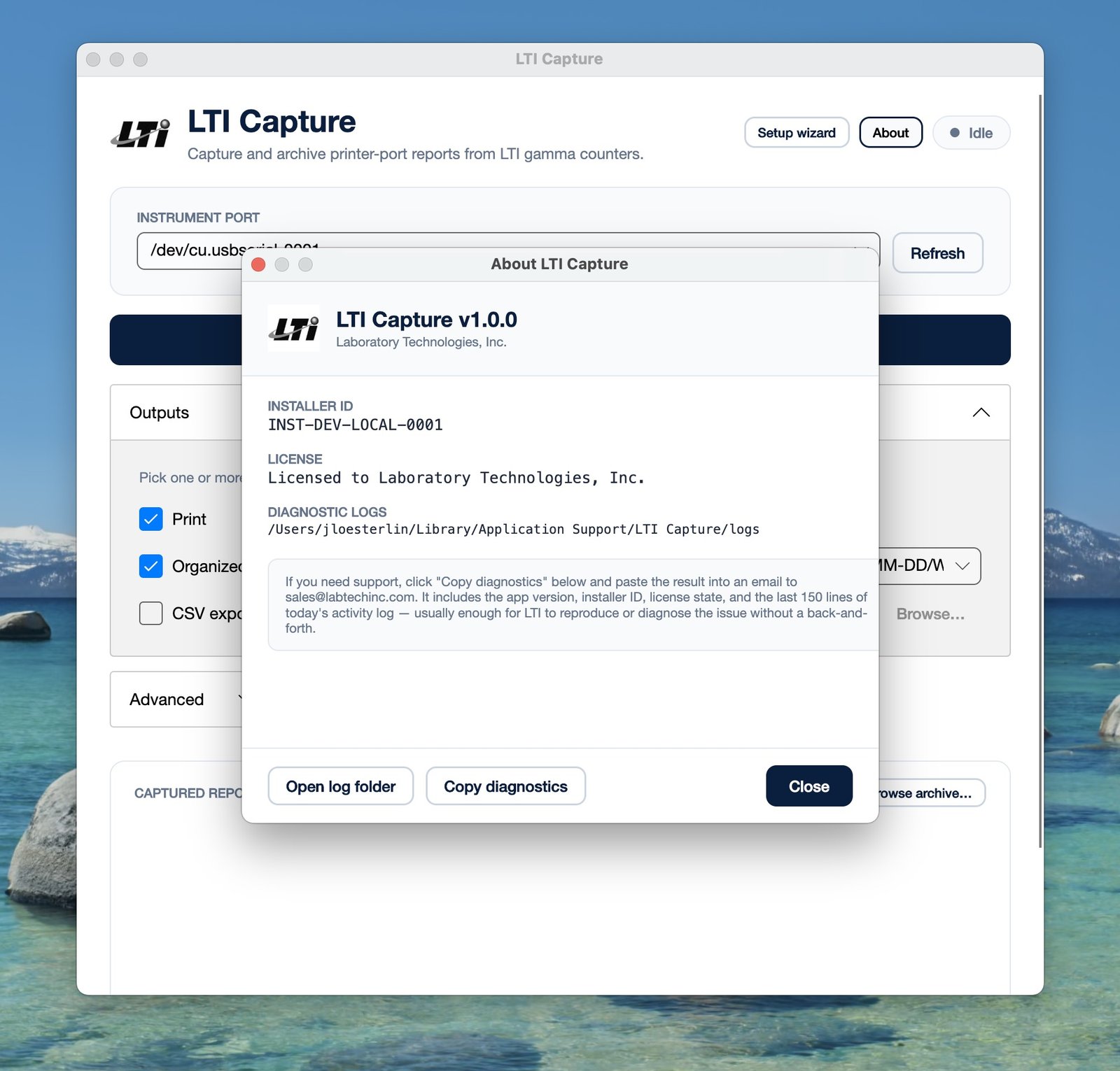 About dialog — version, installer ID, license state, Copy diagnostics
