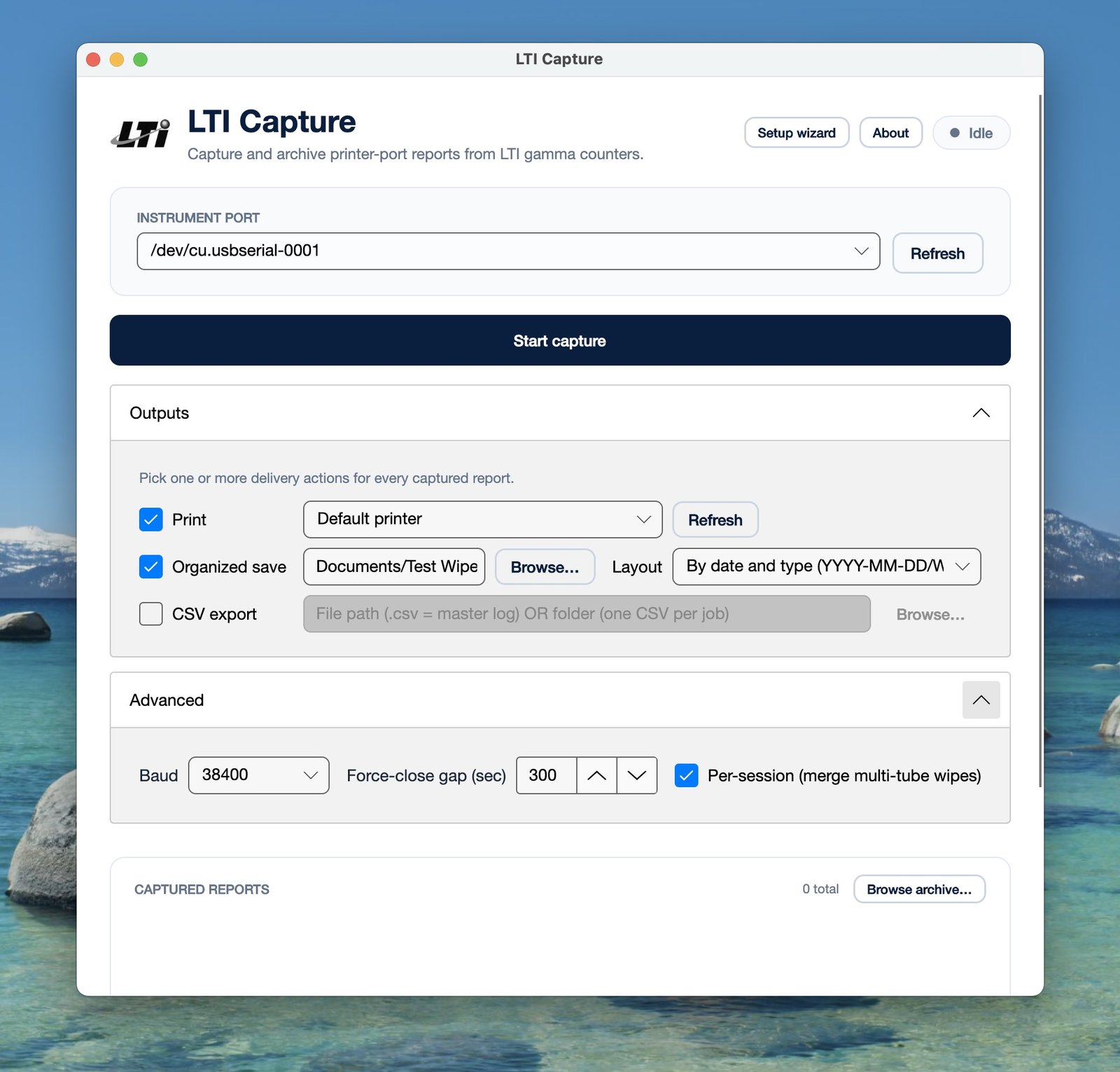 Main window with Advanced settings expanded — baud rate, force-close gap, per-session checkbox