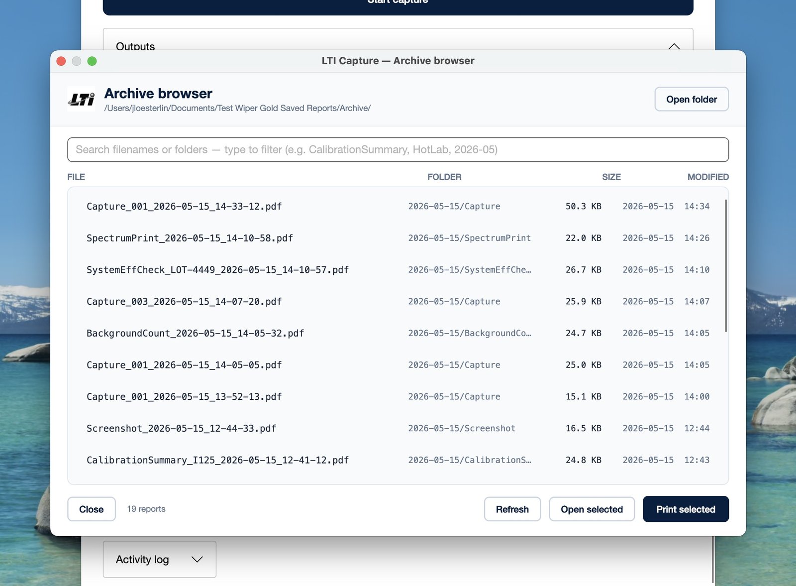 Archive browser — search, sort, and reprint any captured PDF
