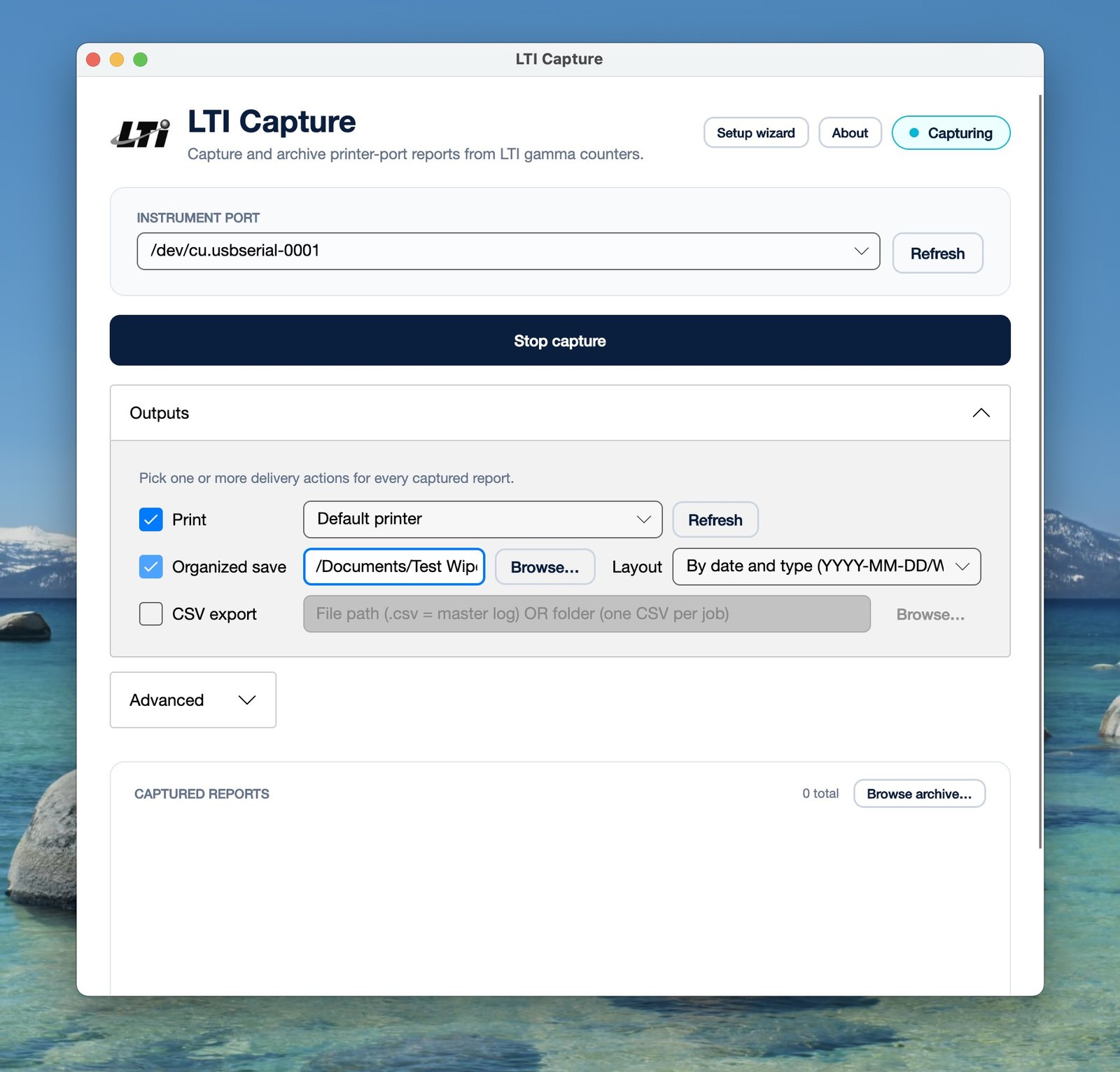LTI Capture main window in active capture mode — green Capturing badge and Stop capture button