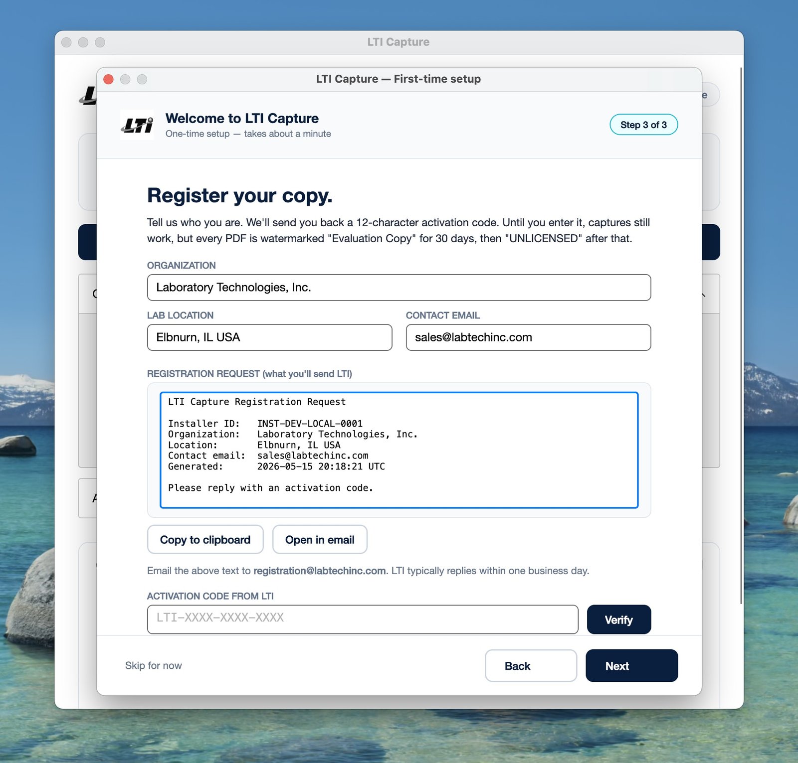 Setup wizard step 3 — registration request preview, IT-auditable plain text