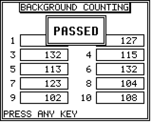 Multi-Wiper Background Counting screen — PASSED indicator at the top of the report frame, with per-well background counts in two columns. Well 1 obscured by the PASSED indicator, wells 3-10 listed with counts ranging from 102 to 132. Press Any Key prompt at the bottom.