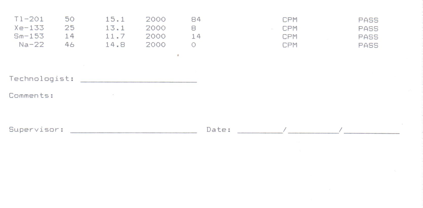 Multi-Wiper Wipe Test Report page 2 of 2 — continuation of TABLE location showing Tl-201 PASS, Xe-133 PASS, Sm-153 PASS, Na-22 PASS, then signature block with Technologist, Comments, Supervisor, and Date fields ready for ink signoff.