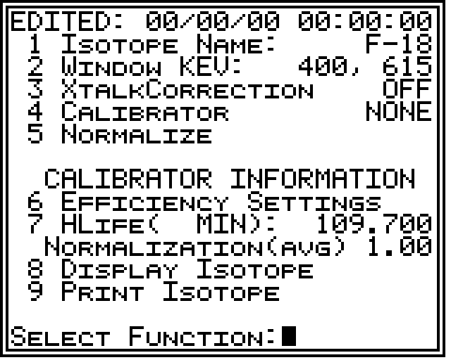 Isotope edit screen showing energy window and half-life configuration