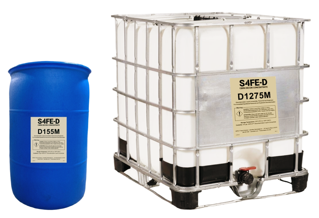 S4FE-D® Mil Spec Concentrate — 55-gallon drum (D155M, smaller) and 275-gallon IBC tote (D1275M, larger) — shown at proportional real-world sizes