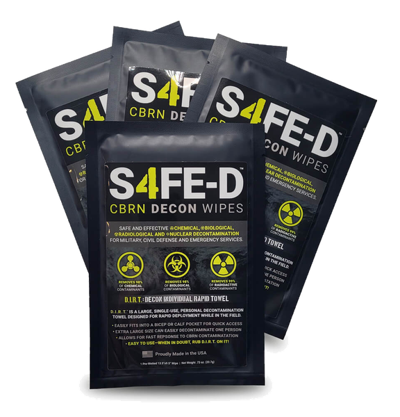 S4FE-D® D.I.R.T. civilian 4-pack — extra-large pre-wetted decon individual rapid towel in a tear-open pouch, sized for thigh pocket, calf pocket, or plate-carrier admin pouch. The dark packaging is the standard civilian configuration.