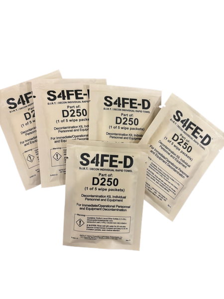 S4FE-D® D.I.R.T. Mil Spec D250 — full 5-pack configuration for defense / government procurement (one front-and-center, four fanned behind). Stronger formula concentration than the civilian 4-pack. Civilian and Mil Spec share the same external pouch dimensions.