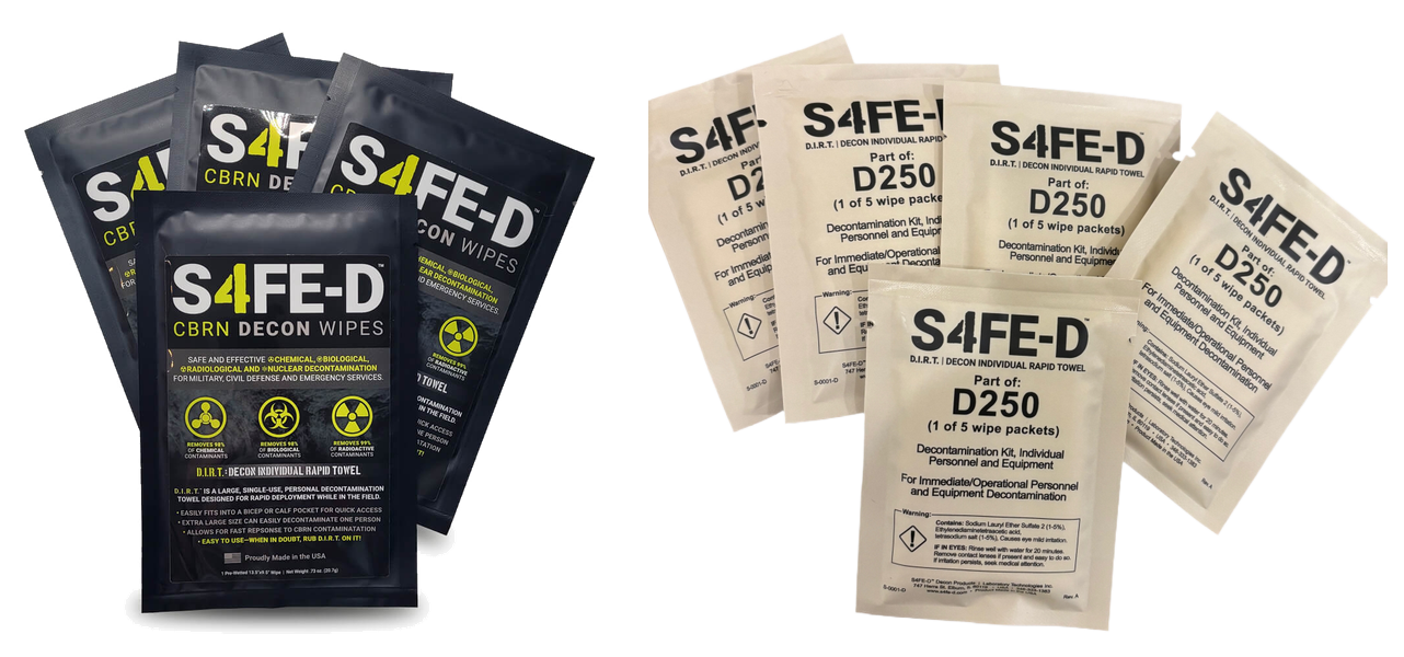 S4FE-D® D.I.R.T. single-use wipe pouches — civilian packaging (left, 4-pack) and Mil Spec D250 packaging (right, 5-pack with stronger formula concentration); current civilian and Mil Spec pouches are the same physical size