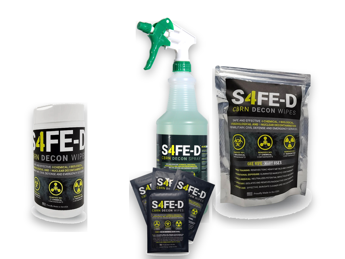 S4FE-D ready-to-use product family — spray, canister wipes, pouch wipes, and Dirt wipes