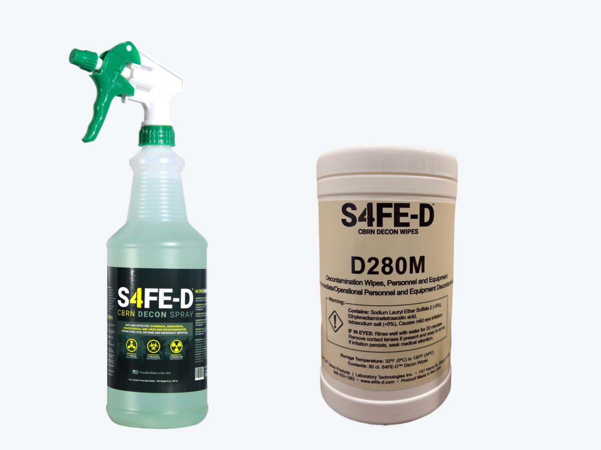 S4FE-D® surface decon line — civilian 32 oz ready-to-use spray bottle (left, dark label with green-tinted formula visible through the bottle) and Mil Spec D280M pre-wetted wipe canister (right, 80-count) — shown at proportional real-world sizes
