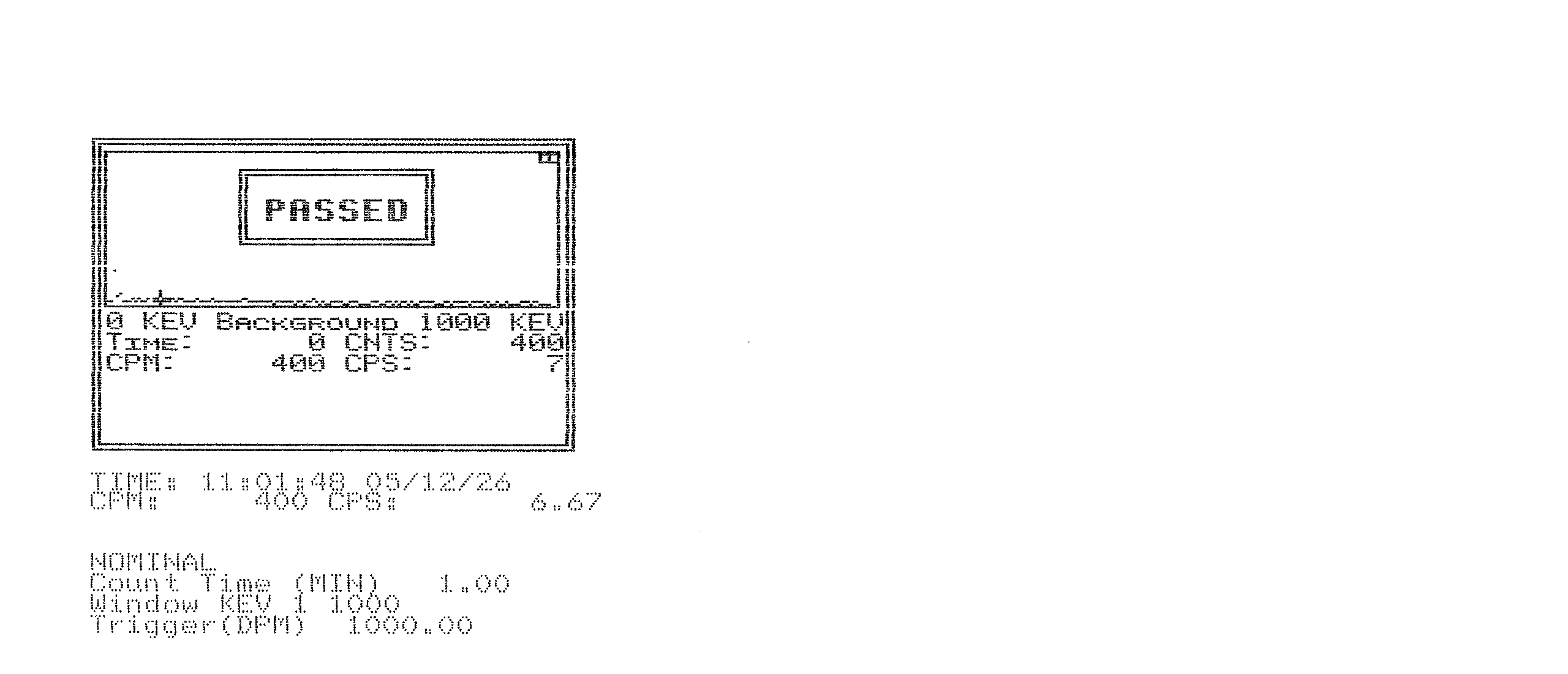 Scanned Wiper Gold background-verification printout dated 12 May 2026. Shows an MCA spectrum frame at near-zero baseline with a PASSED indicator overlaid, the result line CPM 400 CPS 6.67, and the NOMINAL test parameters with a 1.00 minute count time, 1000 keV window, and 1000 DPM trigger.