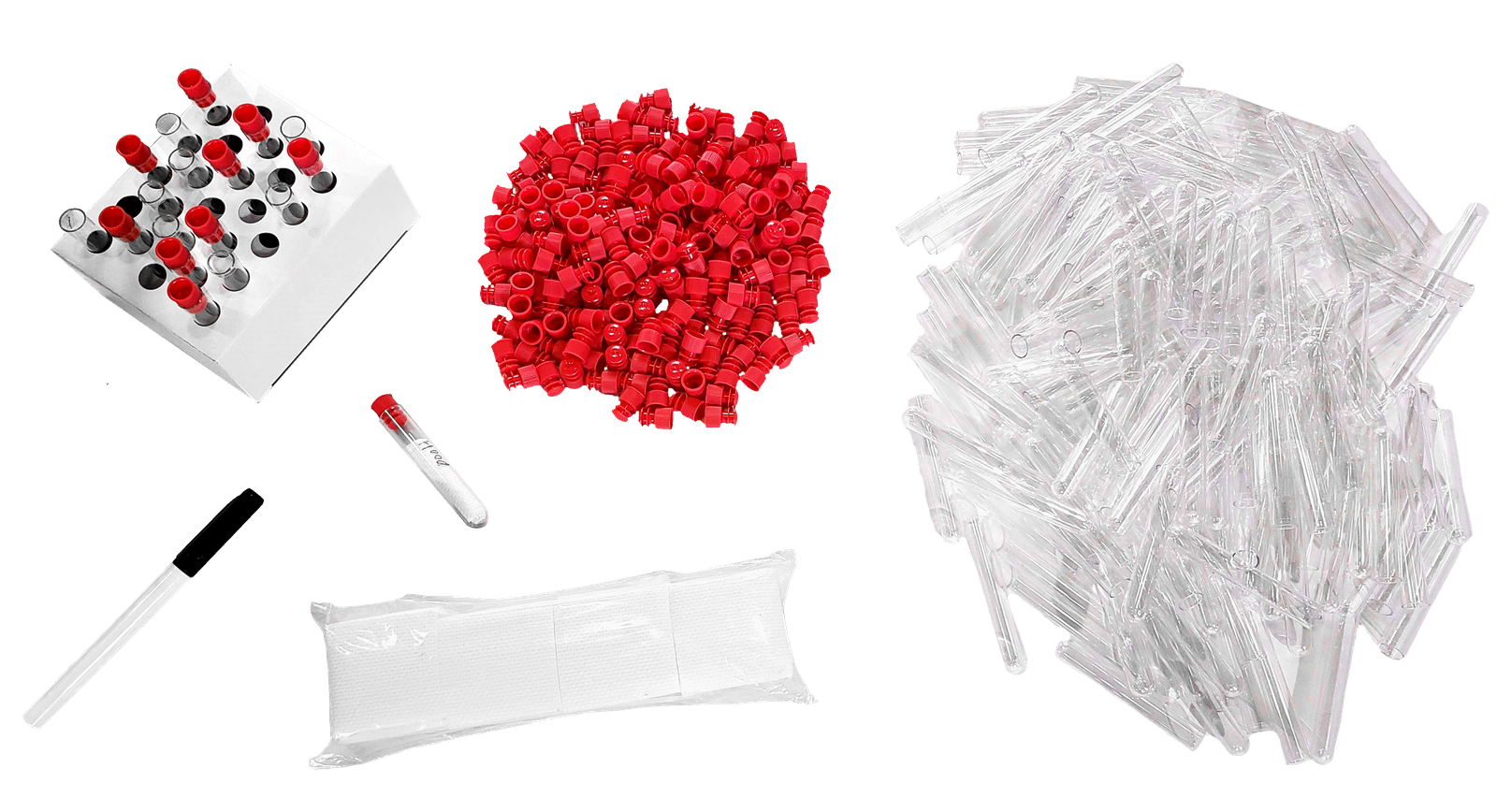 The LTI Wipe Test Kit components laid out: foldable cardboard tube rack with capped sample tubes, a pile of caps, a pile of test tubes, a fine-tipped marker, and a sealed pack of viscose wipe squares.