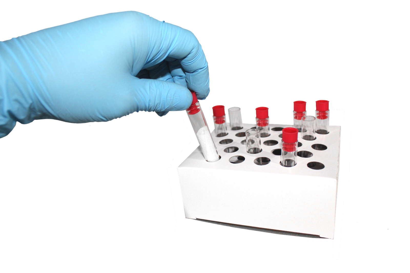 A blue-gloved hand placing a sealed sample tube into the LTI cardboard tube rack. Several sealed tubes are already loaded into the rack with viscose wipe samples visible inside each one.