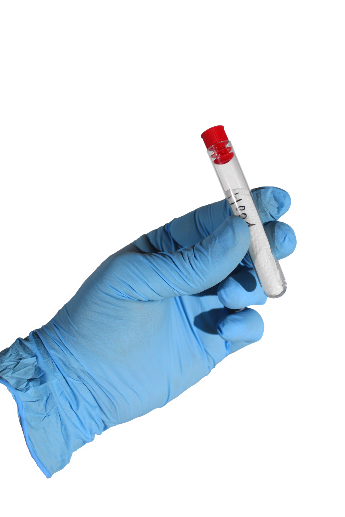 A blue-gloved hand holding a single sealed sample tube. The viscose square wipe is inside the tube; the cap is on.