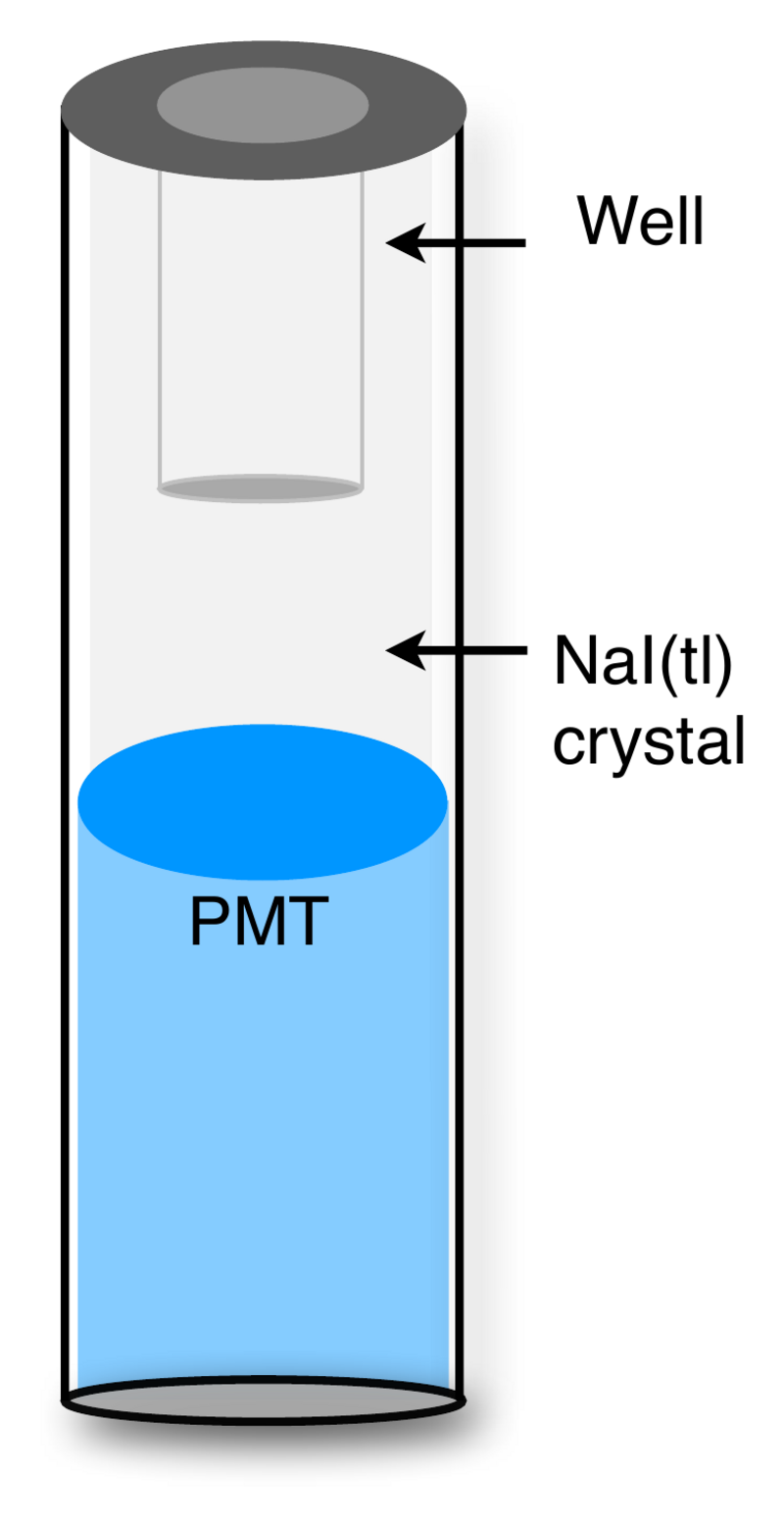 Cross-section drawing of the Wiper Gold detector showing the well at the top, the NaI(Tl) crystal surrounding and extending below the well, and the PMT (photomultiplier tube) at the bottom