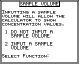 Sample volume prompt: input a volume to enable concentration calculation, or skip
