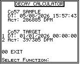 Decay calculator result: Co-57 sample DPM 286,085 on 05/08/2026; target date 01/01/2026 projects to 397,365 DPM
