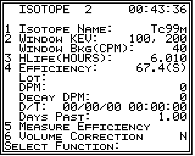 Isotope edit screen showing energy window and half-life configuration