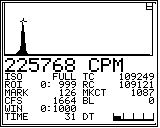 Wiper Gold MCA in Peak ID mode: a marker positioned over a photopeak with the parameter strip reporting MARK keV, marker counts, and total count rate